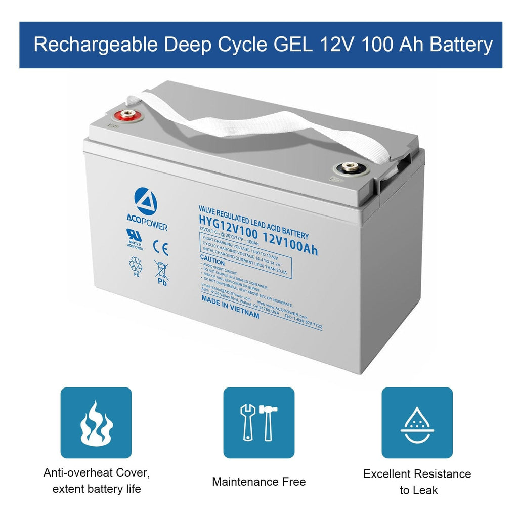 ACOPower 12-100Ah Rechargeable Gel Deep Cycle 12V 100 Ah Battery with Button Style Terminals - Outage Proof