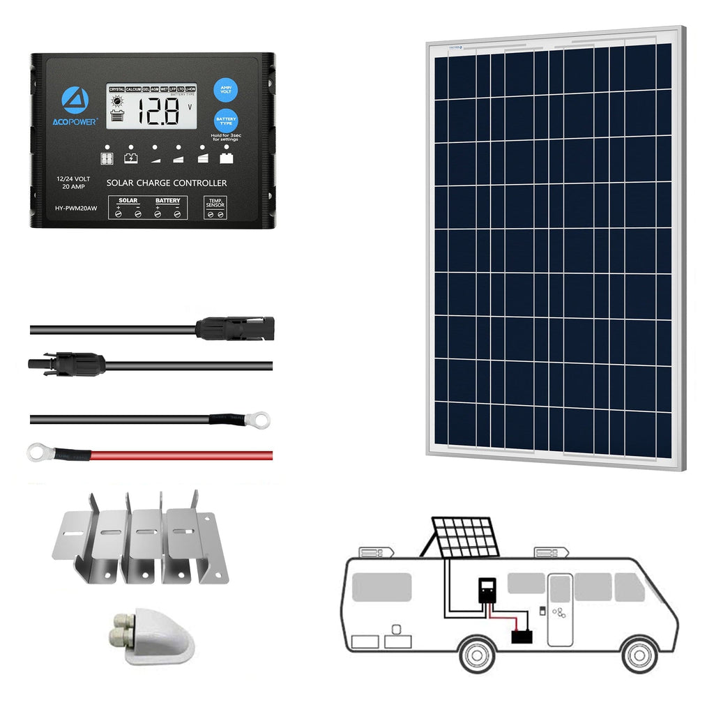 ACOPower 100W 12V Poly Solar RV Kits, 20A PWM Charge Controller - Outage Proof