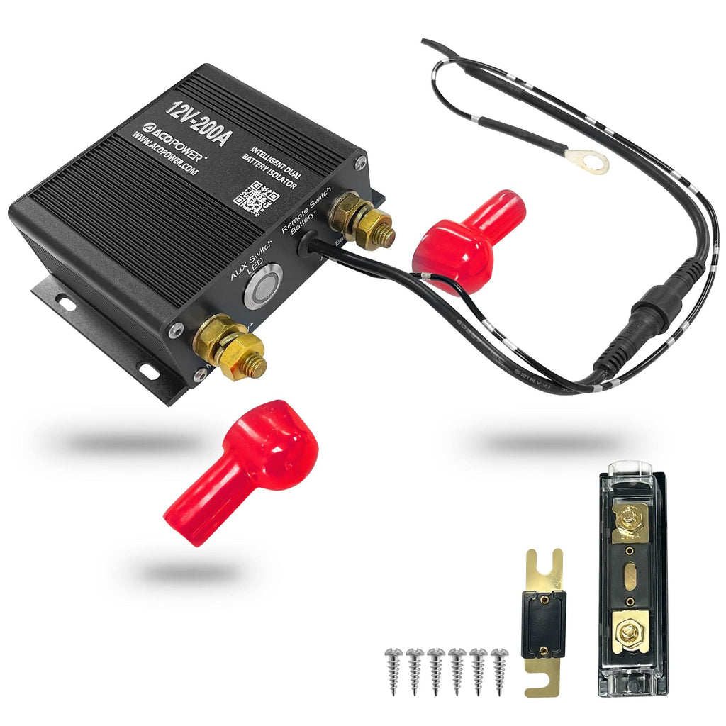 ACOPOWER Dual Battery Isolator Kit, 12V 200 Amp Voltage Sensitive Complete VSR Double Battery Smart Automatic Charger Fit SUV Marine Car UTV ATV RV Boat Camper Truck - Outage Proof