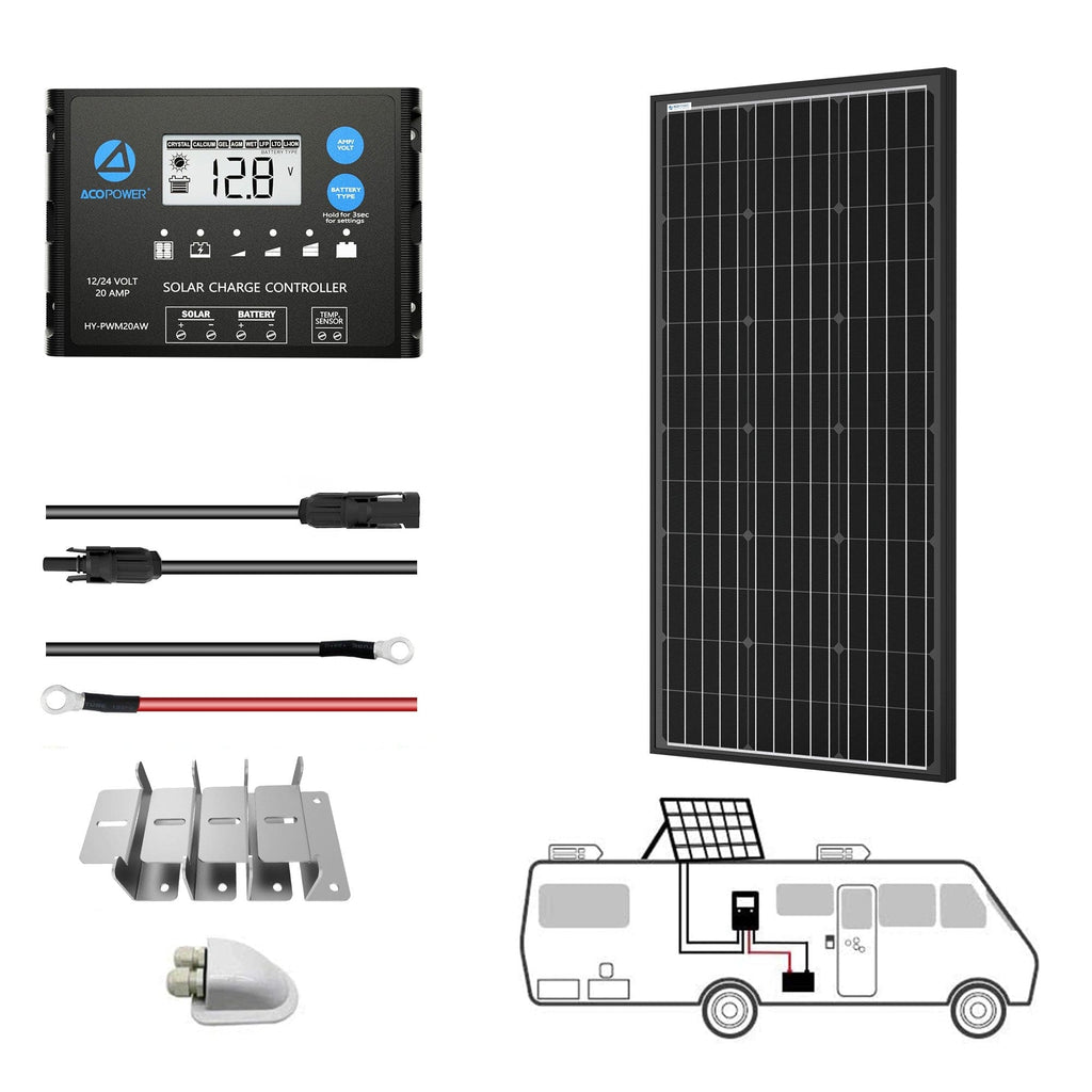 ACOPower 200 Watt 12 Volt Monocrystalline Solar RV Kit w/ 20A PWM Charge Controller (1x200W 20A Kit) - Outage Proof