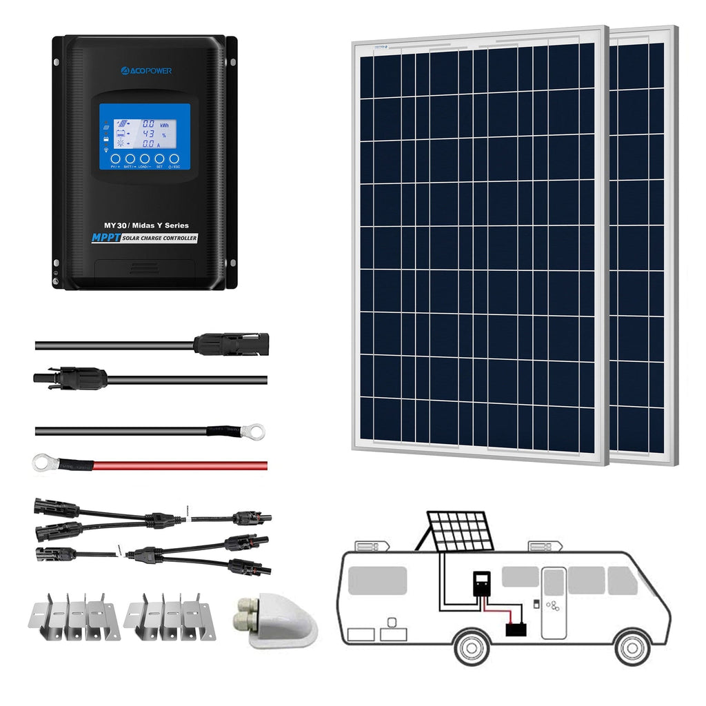 ACOPower 200W 12V Poly Solar RV Kits, 30A MPPT Charge Controller - Outage Proof