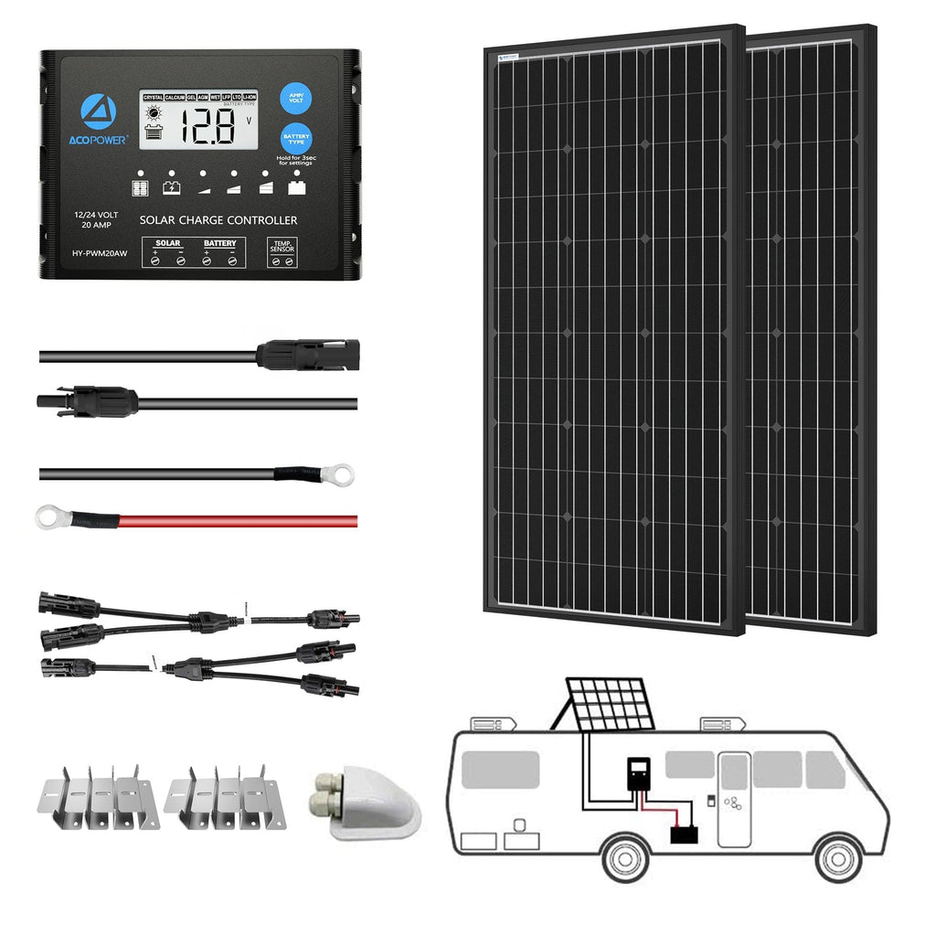 ACOPower 12V/24V 200W  Mono Solar RV Kits, 20A PWM Charge Controller (2x100w 20A) - Outage Proof