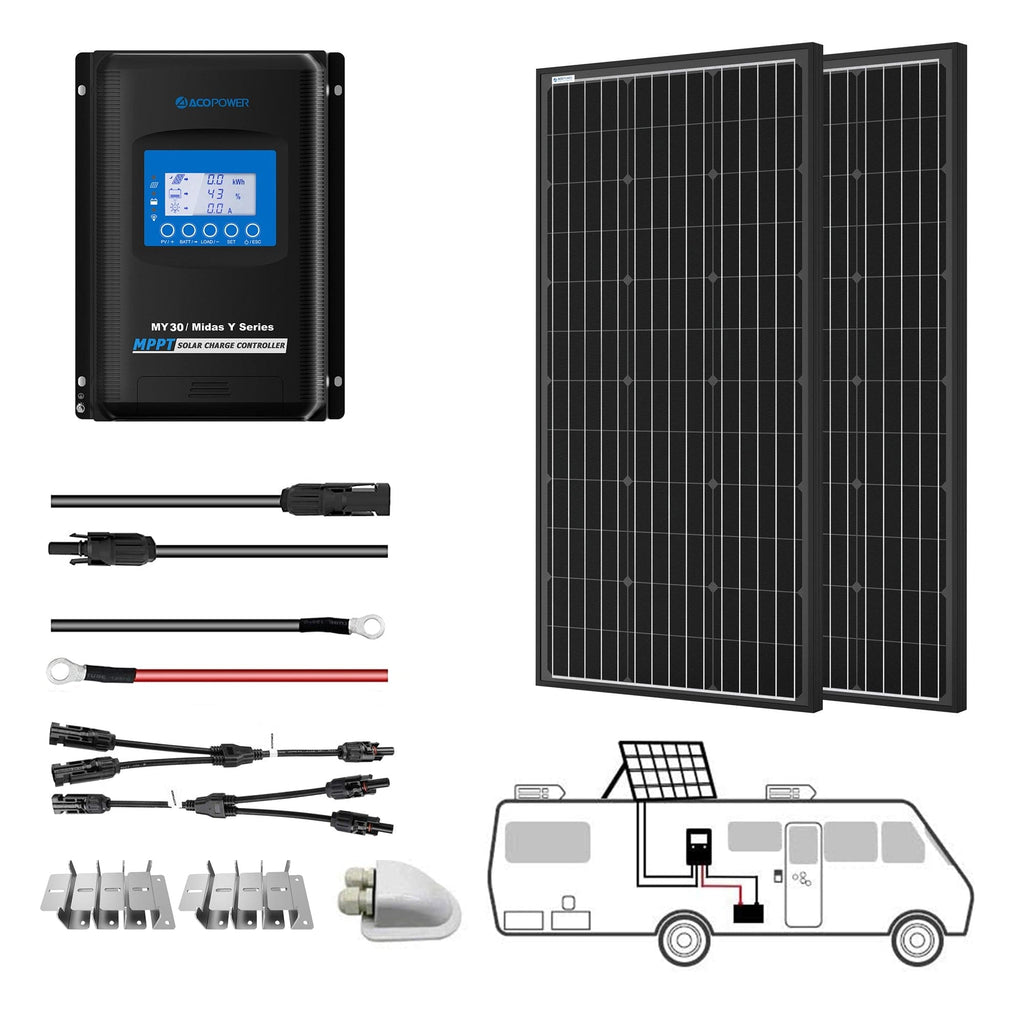 ACOPower 12V/24V 200W Mono Solar RV Kits, 30A MPPT Charge Controller (2x100W 30A) - Outage Proof