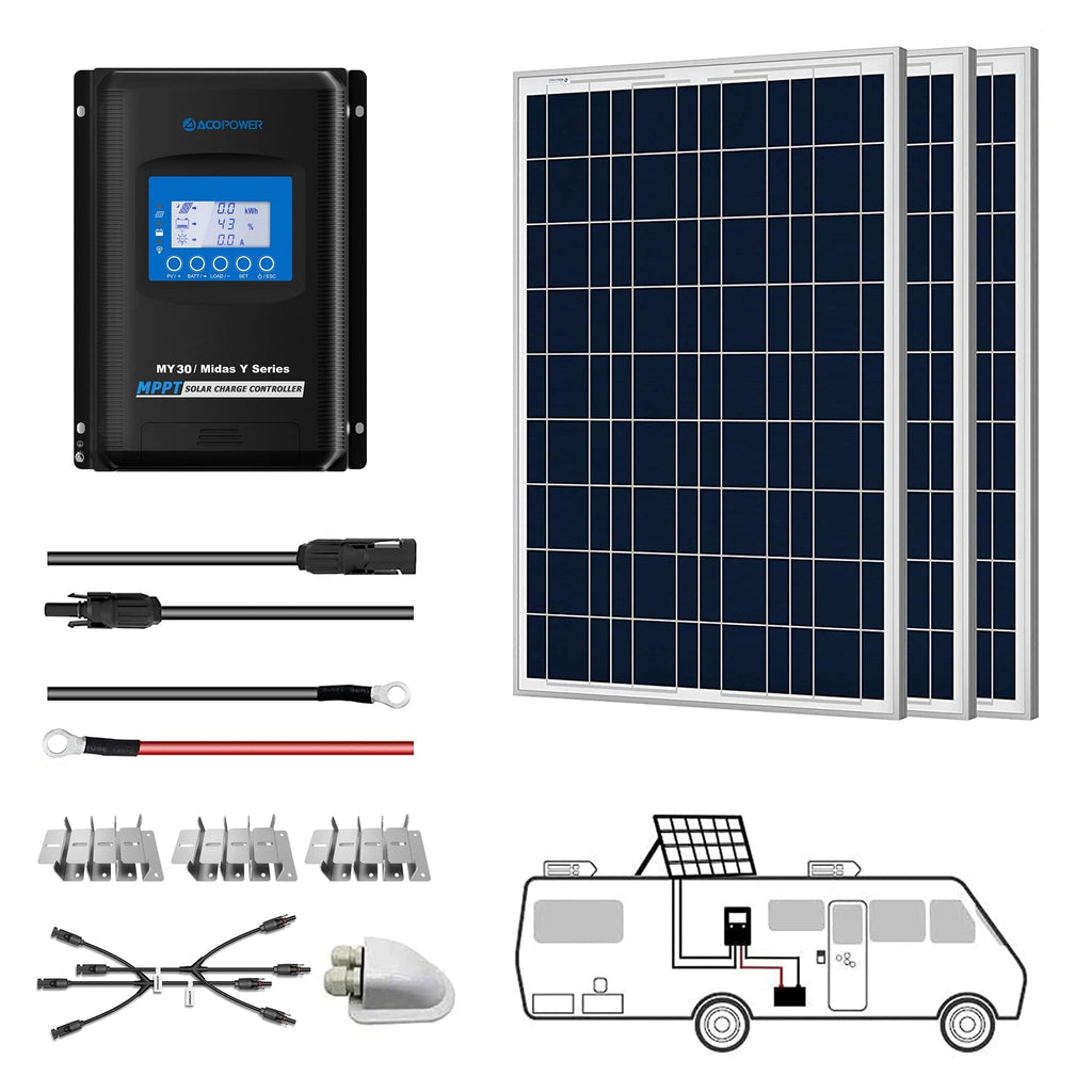 ACOPOWER 300W 12V  Poly Solar RV Kits, 30A MPPT Charge Controller - Outage Proof