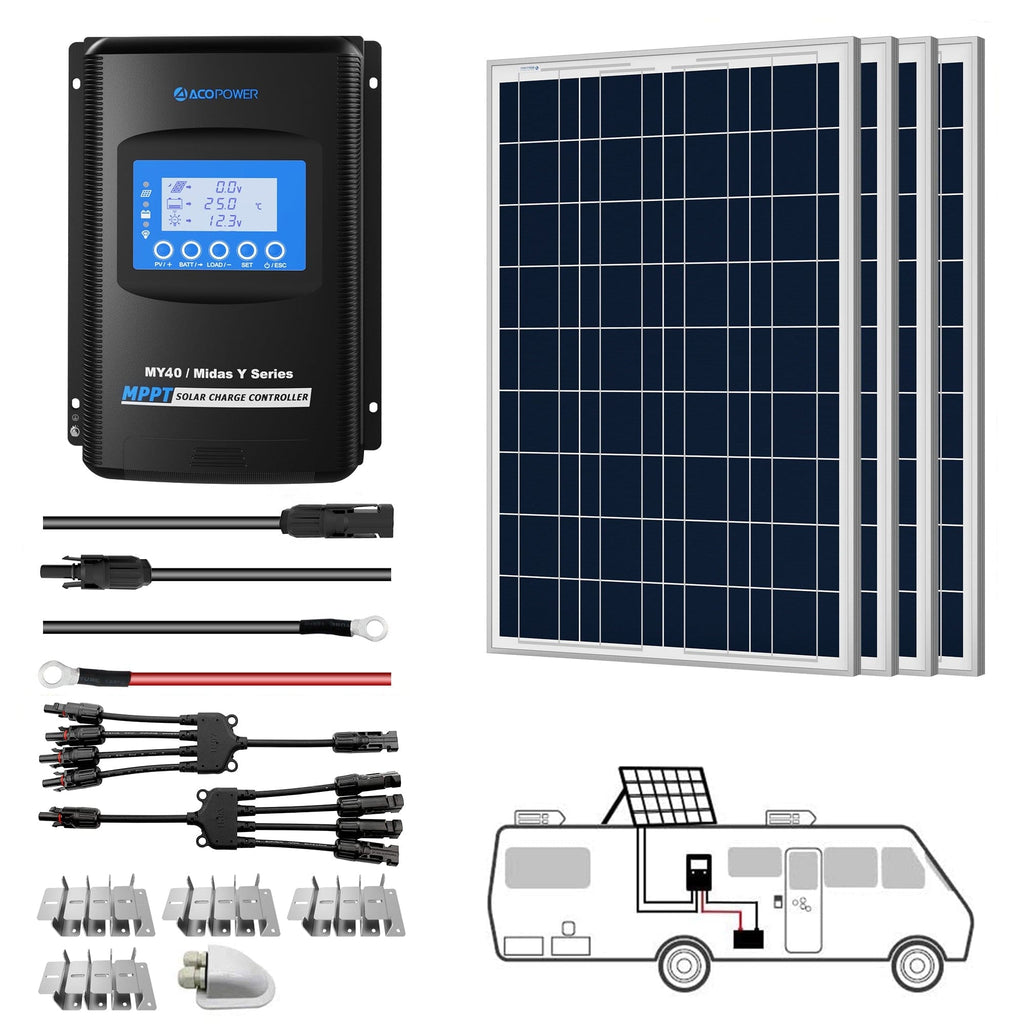ACOPOWER 400W 12V  Poly Solar RV Kits, 40A MPPT Charge Controller - Outage Proof