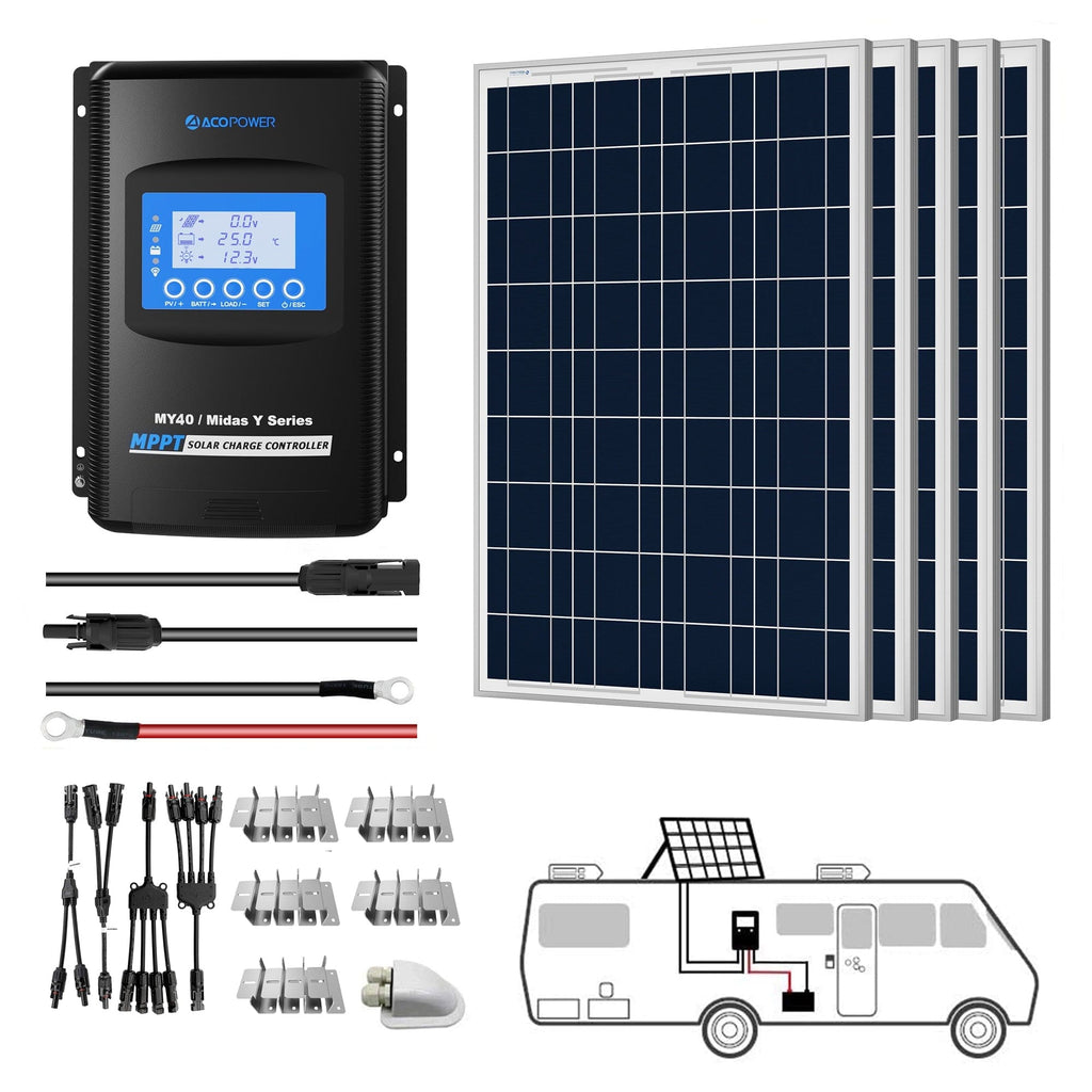 ACOPOWER 500W 12V  Poly Solar RV Kits, 40A MPPT Charge Controller - Outage Proof
